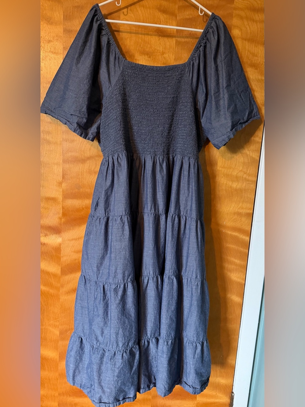 Ella Simone Blue Cotton Chambray Smocked Tiered Midi Dress 3X - Picture 3 of 5